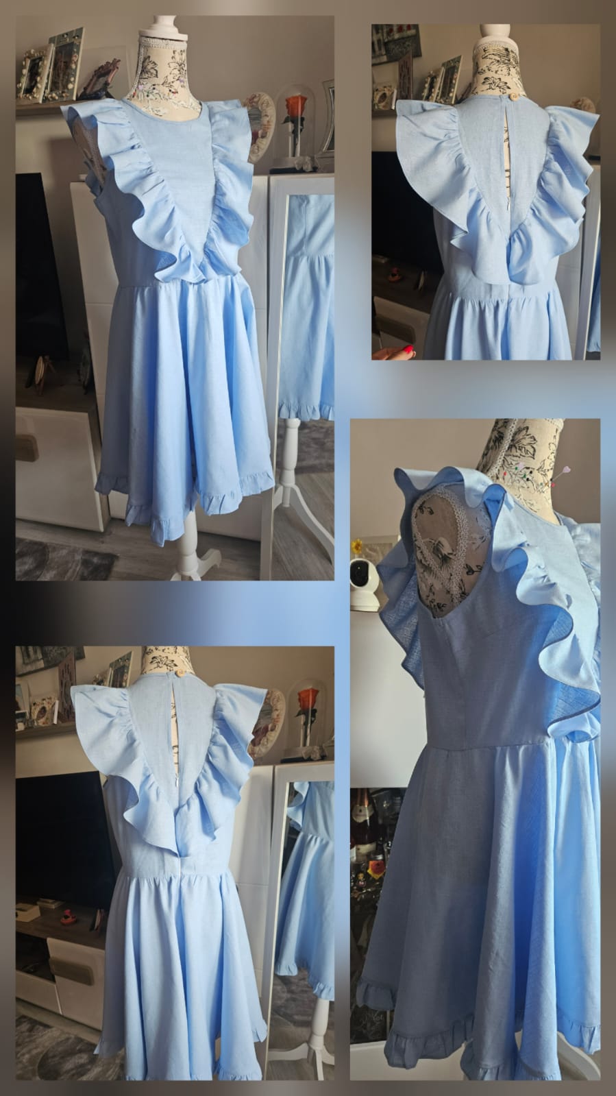 Rochie bleu cu volane cusută manual în atelierul Adyna&Sara — croitorie Sector 2 Bucureşti